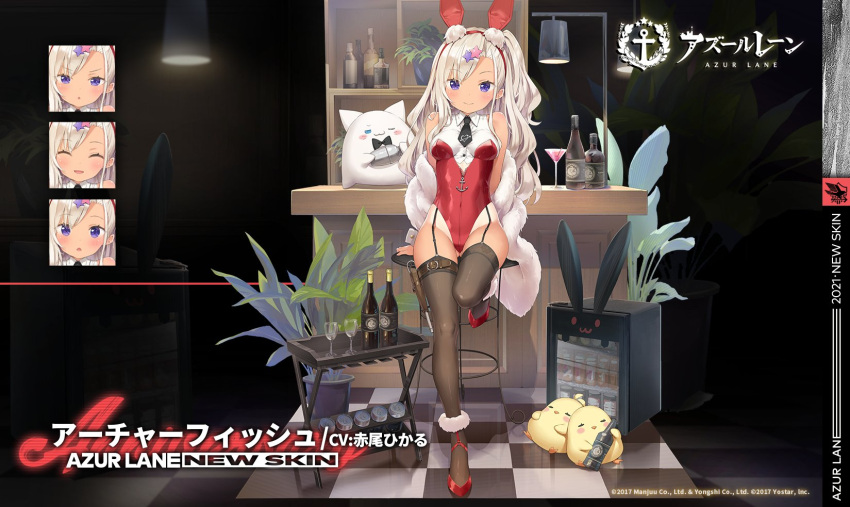 1girl animal_ears archerfish_(azur_lane) azur_lane bar bar_stool bottle breasts expressions fake_animal_ears garter_straps highleg highleg_leotard highres indoors kani_biimu leotard long_hair looking_at_viewer manjuu_(azur_lane) medium_breasts meowfficer_(azur_lane) necktie official_alternate_costume official_art plant platinum_blonde_hair playboy_bunny promotional_art rabbit_ears red_footwear red_leotard sleeveless stool tan tanline thigh-highs violet_eyes