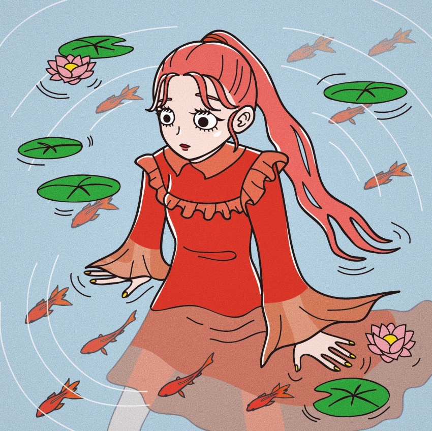 1girl black_eyes dress feet_out_of_frame fish flower frills highres hoppe_illust lily_pad long_hair long_sleeves original parted_lips pink_flower ponytail red_dress redhead ripples solo wide_sleeves