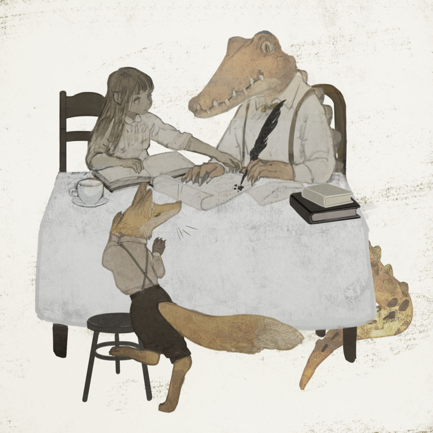 1girl animal bangs book bow bowtie brown_hair brown_pants chair claws clothed_animal collared_shirt crocodile crocodilian cup envelope feathers fox highres ink long_hair open_book original pants peter_pan_collar quill sharp_teeth shirt sitting sleeves_rolled_up slit_pupils stool suspenders table tablecloth tail teacup teeth tono_(rt0no) white_background white_shirt yellow_eyes