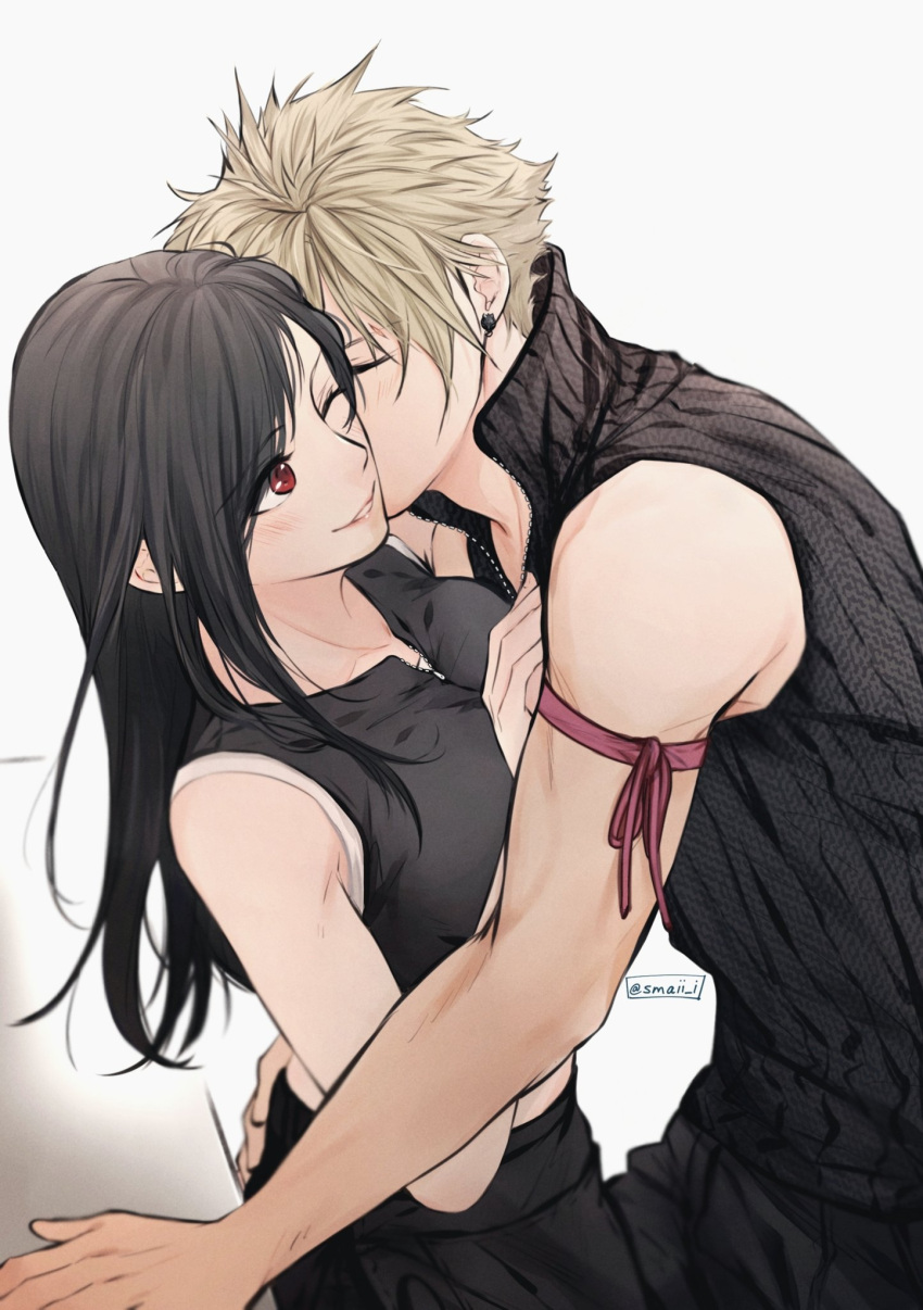 1boy 1girl arm_ribbon artist_name bangs bare_shoulders black_hair black_pants black_sweater blonde_hair breasts closed_eyes cloud_strife collarbone couple earrings facing_another final_fantasy final_fantasy_vii gloves gradient gradient_background grey_background hand_on_another's_hip hetero highres jewelry large_breasts long_hair maiii_(smaii_i) pants parted_lips red_eyes red_ribbon ribbon short_hair sleeveless smile spiky_hair sweater tifa_lockhart