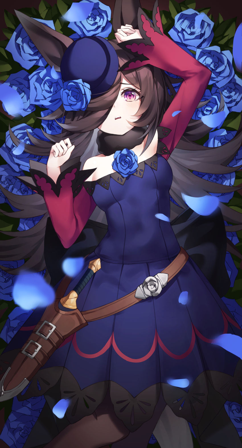 1girl absurdres animal_ears arms_up bangs belt black_legwear blue_dress blue_flower blue_headwear blue_rose blur breasts brown_hair clenched_hands dagger dress eyebrows_visible_through_hair flower flower_bed flying fur_collar hair_ornament hair_over_one_eye highres horse_ears indol leaf light_blush long_hair long_sleeves looking_at_viewer lying off-shoulder_dress off_shoulder on_back pantyhose parted_lips petals rice_shower_(umamusume) rose scabbard shadow sheath small_breasts solo umamusume violet_eyes weapon