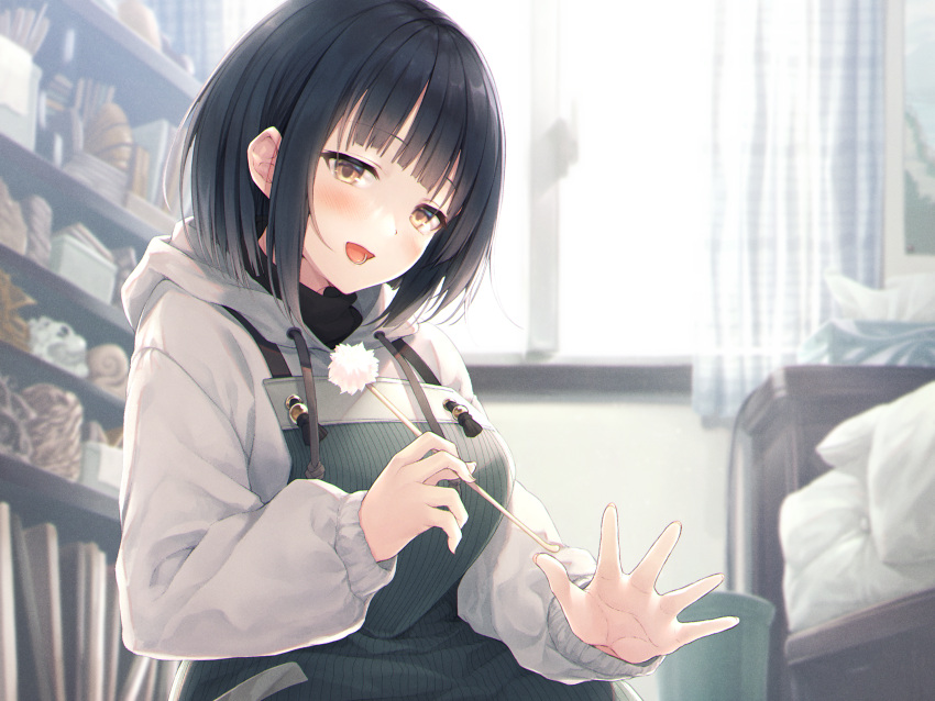 1girl :d apron bangs bed black_hair blurry blurry_background breasts brown_eyes commentary_request curtains depth_of_field drawstring eyebrows_visible_through_hair hasumi_(hasubatake39) highres hood hood_down hoodie large_breasts long_sleeves looking_at_viewer mimikaki open_mouth original puffy_long_sleeves puffy_sleeves sleeves_past_wrists smile solo trash_can white_hoodie window