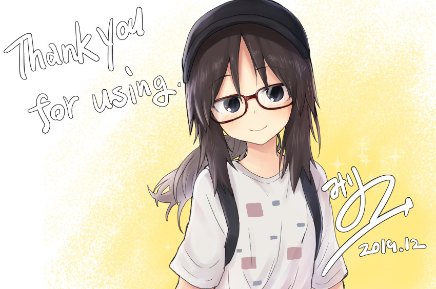 asaka_yanoha backpack bag black_eyes black_headwear brown_hair commentary_request dated english_text glasses gradient gradient_background hat highres looking_at_viewer mirino original ponytail shirt short_sleeves sidelocks signature thank_you upper_body vrchat white_background white_shirt yellow_background