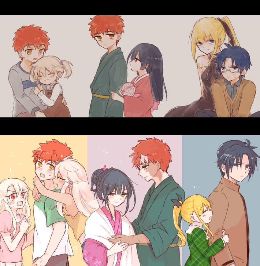 3boys 4girls age_progression ball bangs black_hair blonde_hair blue_eyes blue_hair blush brother_and_sister chloe_von_einzbern commentary_request dual_persona emiya_shirou emiya_shirou_(prisma_illya) erica_ainsworth fate/kaleid_liner_prisma_illya fate_(series) floral_print highres holding holding_another's_arm holding_ball hug hug_from_behind illyasviel_von_einzbern japanese_clothes julian_ainsworth kimono looking_at_another miyu_edelfelt multicolored_hair multiple_boys multiple_girls orange_hair ponytail red_eyes saihara scar scar_on_face siblings smile streaked_hair sweatdrop twintails white_hair yellow_eyes younger