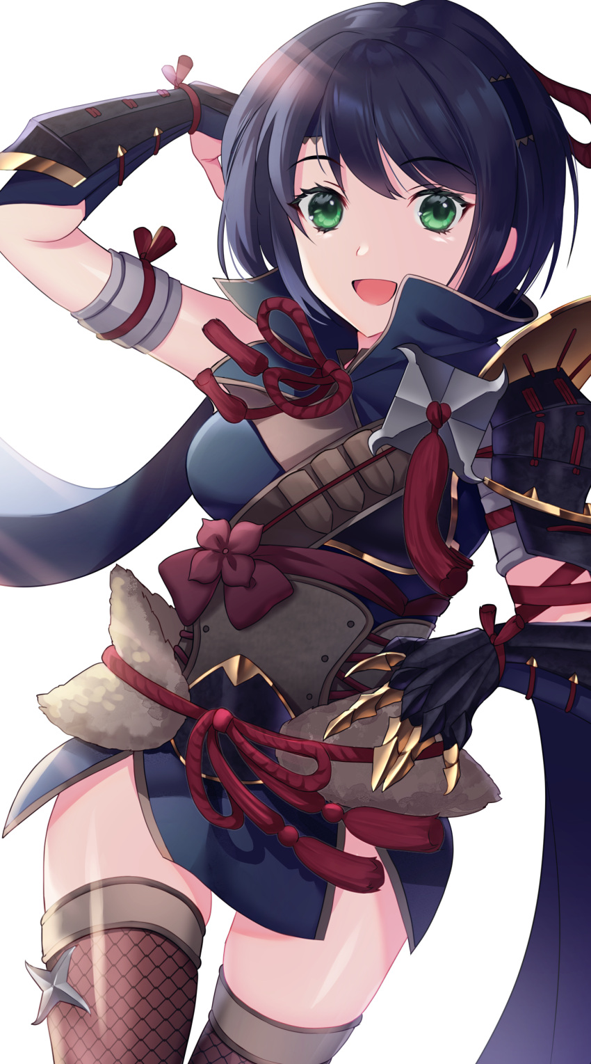 1girl absurdres armor bangs black_hair blush breasts derori eyebrows_visible_through_hair gloves hair_between_eyes hair_ornament headband highres japanese_clothes kamura_(armor) long_hair looking_at_viewer monster_hunter_(series) monster_hunter_rise open_mouth short_hair simple_background solo thigh-highs white_background