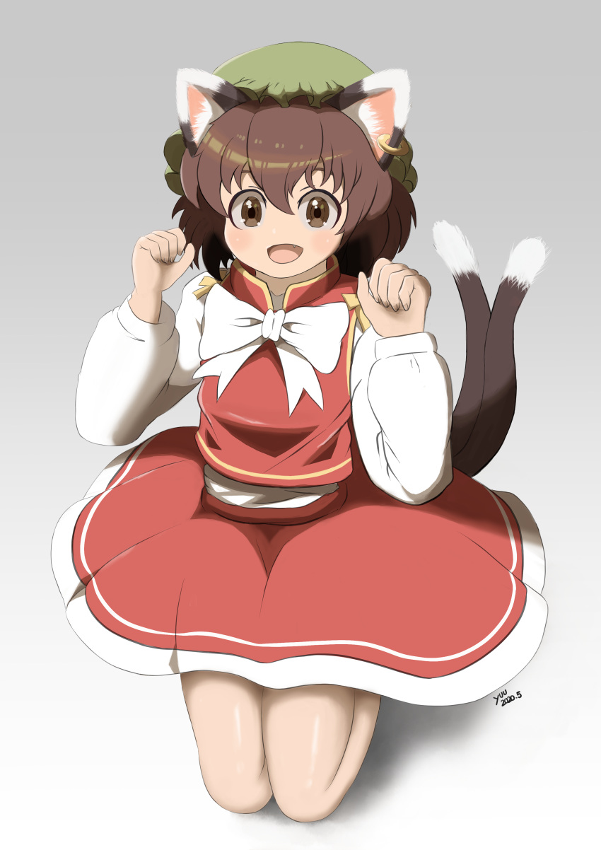 1girl :d absurdres animal_ear_fluff animal_ears blush bow bowtie brown_eyes brown_hair cat_ears cat_tail chen dress eyebrows_behind_hair fang gold_trim grey_background hands_up hat highres jewelry kneeling looking_at_viewer mob_cap multiple_tails nekomata open_mouth paw_pose red_dress short_hair simple_background single_earring smile solo tail touhou two_tails white_neckwear yuu_ill