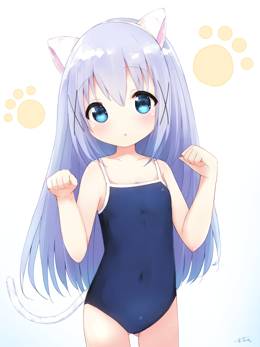 1girl animal_ears arms_up ass_visible_through_thighs blue_eyes blue_hair blue_swimsuit cat_ears cat_tail clenched_hands covered_navel fake_animal_ears gochuumon_wa_usagi_desu_ka? hair_ornament hairclip highres kafuu_chino long_hair one-piece_swimsuit paw_pose sazaemu school_swimsuit simple_background solo swimsuit tail white_background