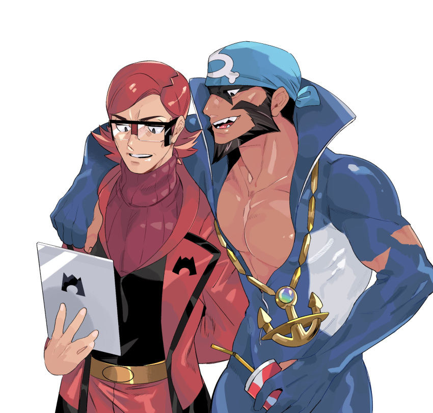 2boys anchor_necklace archie_(pokemon) arm_behind_back beard belt black_eyes blue_bandana brown_hair commentary_request cup disposable_cup drinking_straw facial_hair glasses green_(grimy) highres holding male_focus maxie_(pokemon) multiple_boys open_mouth pectorals pokemon pokemon_(game) pokemon_oras redhead smile sweater team_aqua team_magma teeth tongue turtleneck turtleneck_sweater wetsuit yellow_belt