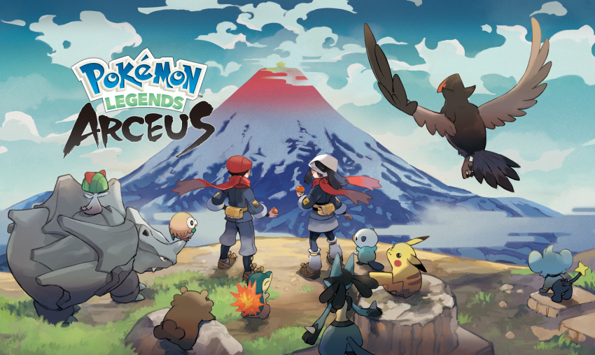 1boy 1girl absurdres bidoof blue_sky copyright_name cyndaquil female_protagonist_(pokemon_legends:_arceus) gen_1_pokemon gen_2_pokemon gen_3_pokemon gen_4_pokemon gen_5_pokemon gen_7_pokemon highres lucario male_protagonist_(pokemon_legends:_arceus) mountain official_art oshawott pikachu pokemon pokemon_(creature) pokemon_(game) pokemon_legends:_arceus ralts rhyhorn rowlet scarf shinx sky standing staraptor