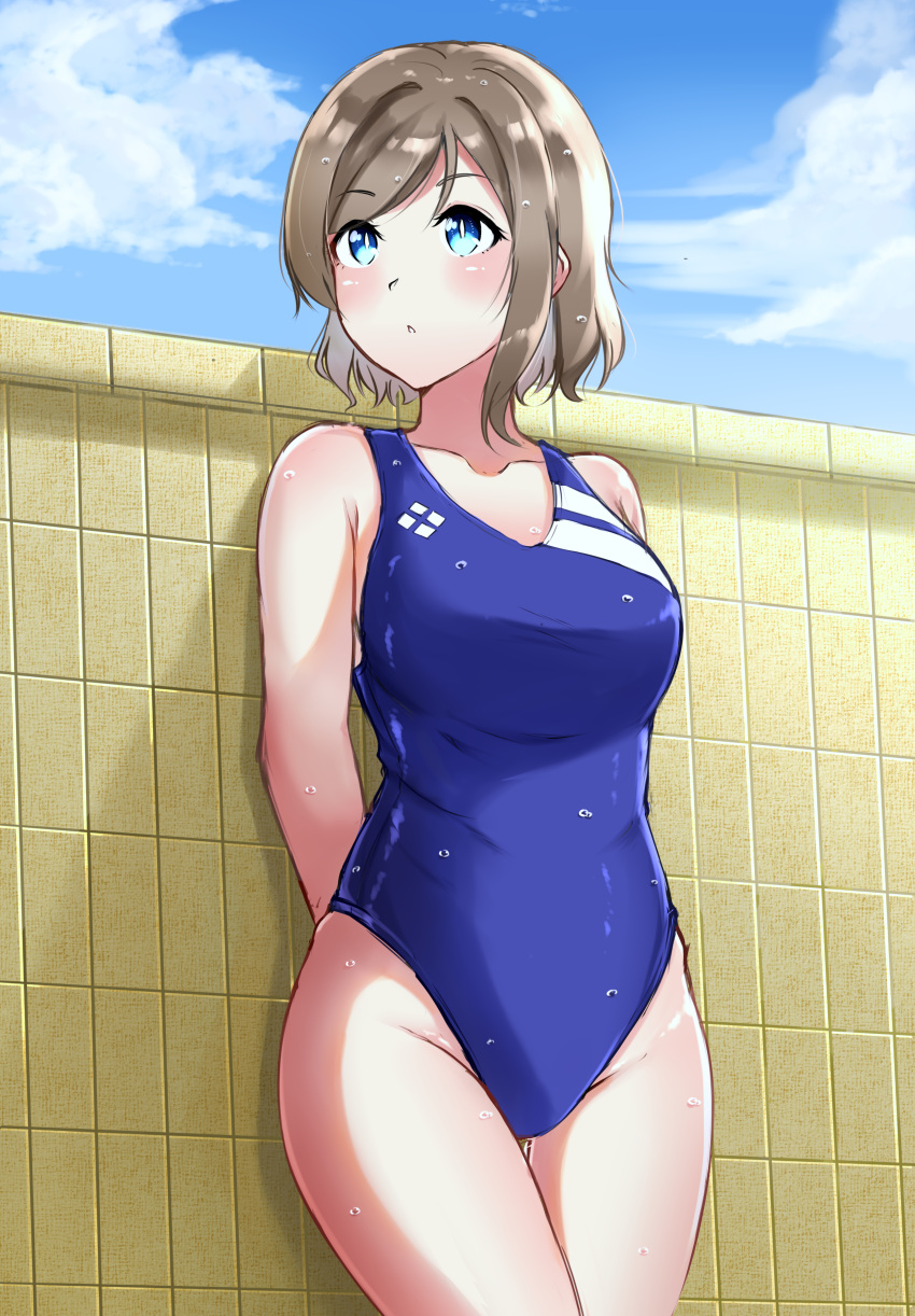 1girl absurdres arms_behind_back blue_eyes blue_sky blue_swimsuit breasts clouds collarbone commentary_request competition_swimsuit cowboy_shot grey_hair highres looking_to_the_side love_live! love_live!_sunshine!! medium_breasts one-piece_swimsuit pin_(user_hhmh7784) short_hair sky solo swimsuit tile_wall tiles watanabe_you wavy_hair