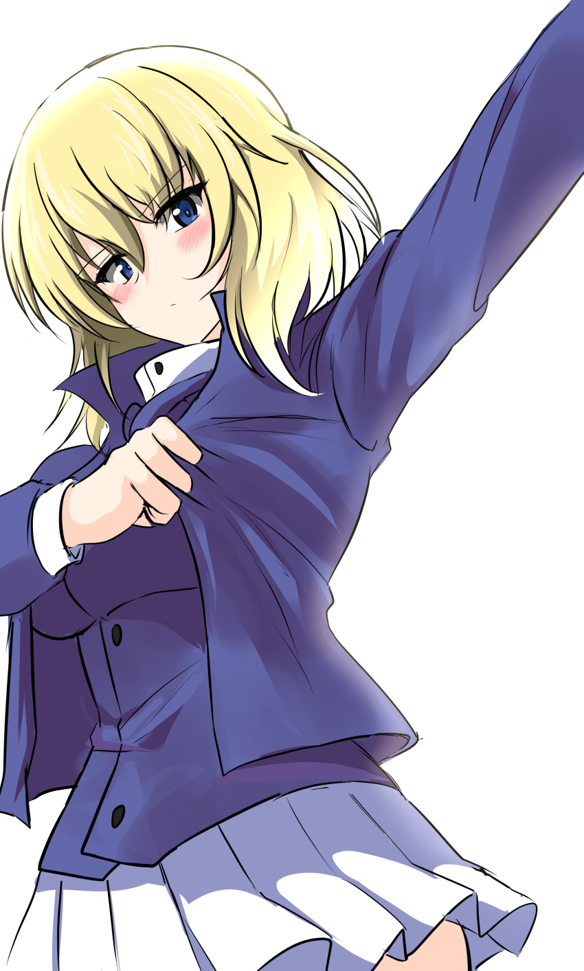 1girl absurdres adjusting_clothes aikir_(jml5160) arm_up bangs bc_freedom_military_uniform blonde_hair blue_eyes blue_jacket blue_vest blush closed_mouth commentary cowboy_shot dress_shirt eyebrows_visible_through_hair frown girls_und_panzer high_collar highres jacket long_sleeves looking_at_viewer medium_hair messy_hair military military_uniform miniskirt oshida_(girls_und_panzer) pleated_skirt shirt simple_background skirt solo uniform vest white_background white_shirt white_skirt