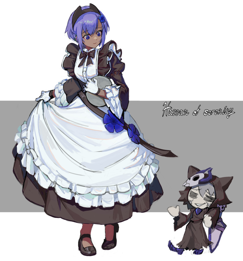 1girl absurdres alternate_costume apron badge black_dress blush character_name dark-skinned_female dark_skin dress enmaided fate/grand_order fate/prototype fate/prototype:_fragments_of_blue_and_silver fate_(series) flower frilled_apron frilled_dress frills full_body gloves hair_flower hair_ornament hassan_of_serenity_(fate) highres hwoking maid maid_apron puffy_sleeves purple_hair solo violet_eyes white_apron white_gloves