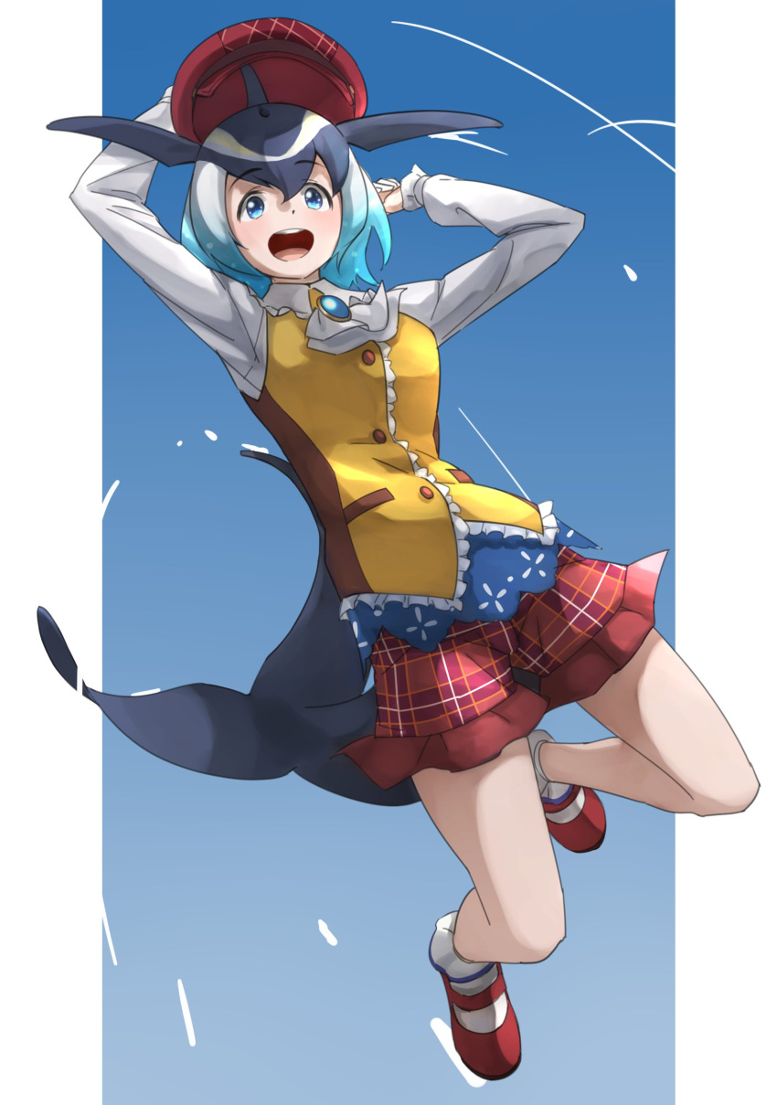 absurdres black_hair blonde_hair blowhole blue_eyes blue_hair blue_neckwear blush cabbie_hat collared_shirt commentary_request common_dolphin_(kemono_friends) dolphin_girl dolphin_tail dorsal_fin eyebrows_visible_through_hair hat highres kemono_friends kemono_friends_3 long_sleeves midair multicolored_hair official_alternate_costume open_mouth plaid plaid_skirt red_headwear red_skirt shirt short_hair skirt tail tanabe_(fueisei) vest white_hair white_shirt yellow_vest