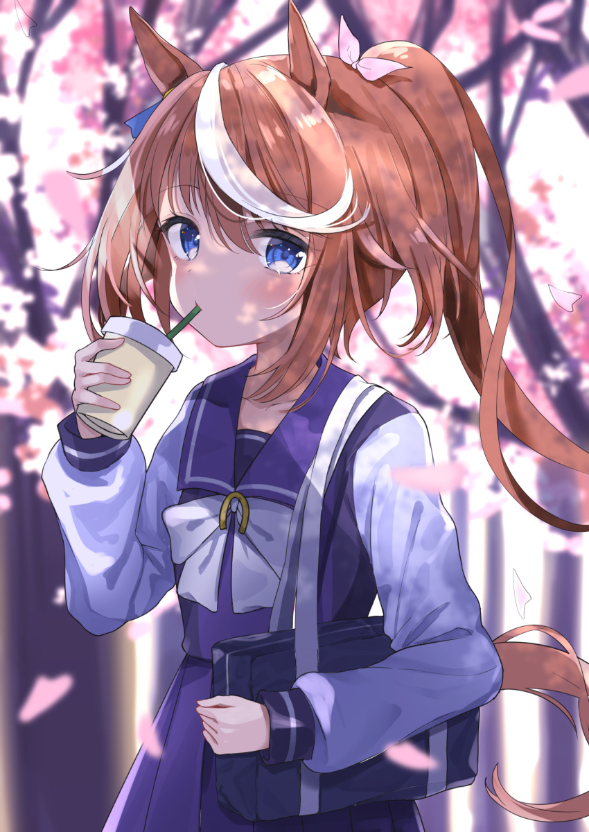 1girl agaki_anko animal_ears bag bangs blue_eyes blurry blurry_background blush bow brown_hair closed_mouth commentary_request cup depth_of_field disposable_cup drinking_straw eyebrows_visible_through_hair hair_between_eyes hair_ribbon hand_up highres holding holding_cup horse_ears horse_girl horse_tail long_hair long_sleeves looking_at_viewer multicolored_hair pink_ribbon pleated_skirt ponytail puffy_long_sleeves puffy_sleeves purple_shirt purple_skirt ribbon school_bag school_uniform shirt sidelocks skirt solo streaked_hair tail tokai_teio_(umamusume) tracen_school_uniform umamusume very_long_hair white_bow white_hair