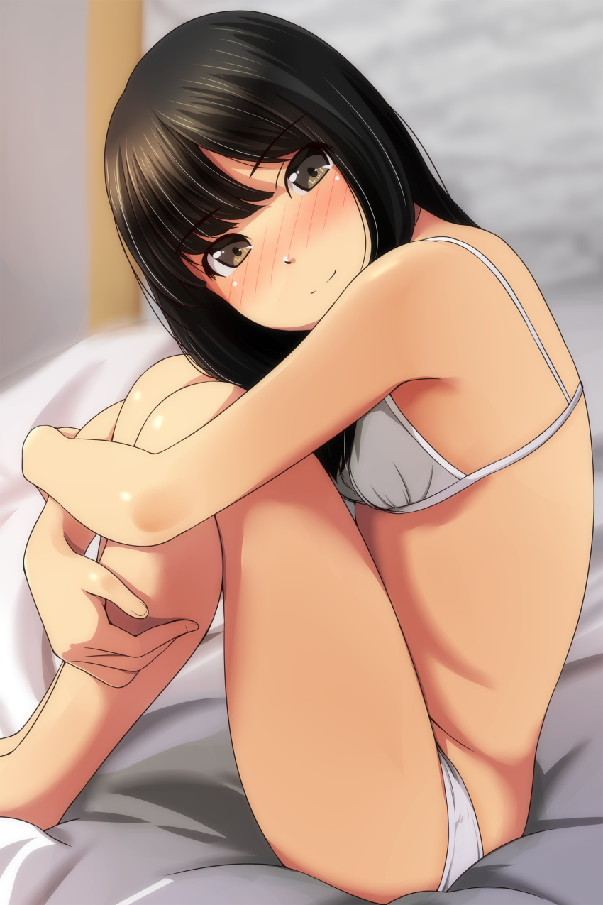 1girl absurdres bangs bare_arms bare_legs bare_shoulders barefoot bikini black_hair blurry blurry_background blush breasts brown_eyes closed_mouth depth_of_field eyebrows_visible_through_hair from_side head_tilt highres knees_up leg_hug looking_at_viewer looking_to_the_side matsunaga_kouyou nose_blush original sitting small_breasts smile solo swimsuit white_bikini