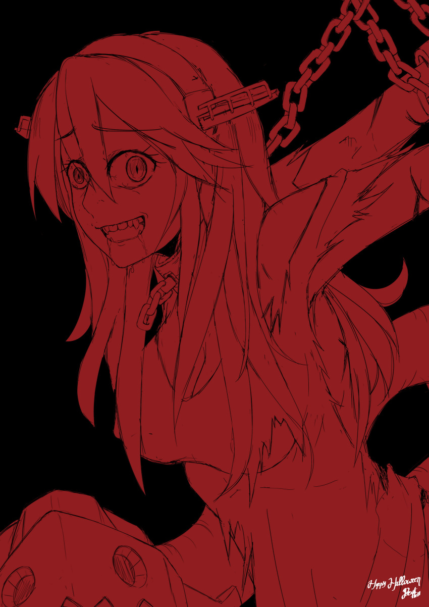 absurdres beathell black_background blood chain crazy_eyes eyebrows_visible_through_hair halloween haruna_(kancolle) highres kantai_collection northern_ocean_princess open_mouth scar simple_background teeth torn_clothes yandere