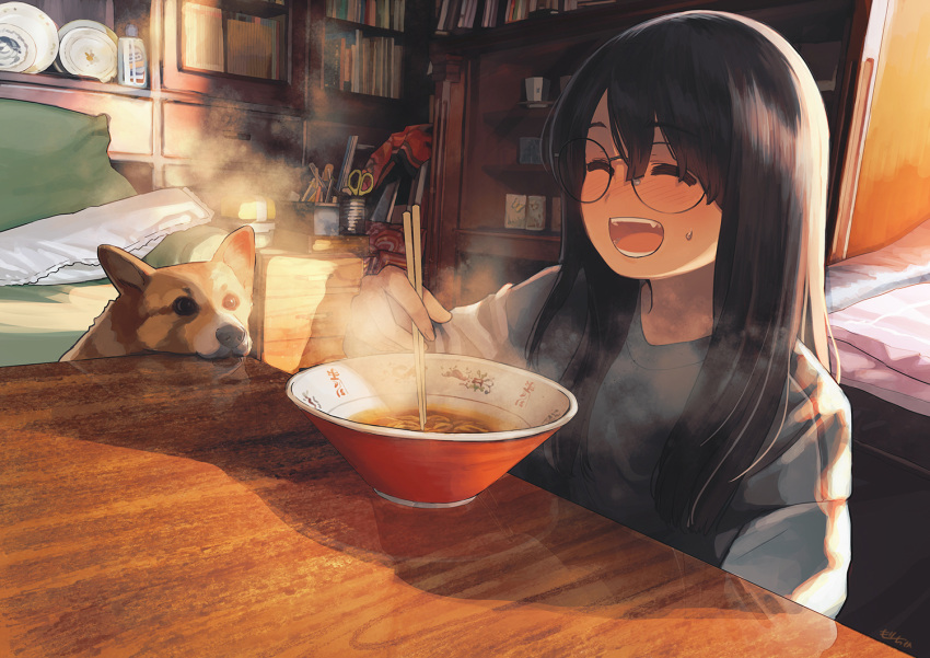 1girl bangs bed black_hair blush bowl chopsticks closed_eyes commentary_request day dog eating eyebrows_visible_through_hair food hair_between_eyes head_rest holding holding_chopsticks indoors long_hair long_sleeves morifumi noodles on_floor open_mouth original pillow ramen room shelf signature sitting smile steam sweatdrop table teeth