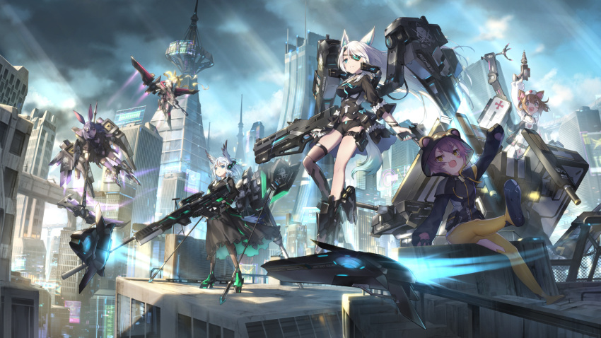 6+girls :d animal_ear_fluff animal_ears animal_hood arm_up armor_girls bangs black_dress black_gloves black_shirt black_shorts blonde_hair blue_eyes boots brown_hair character_request chinese_commentary city commentary_request dress elbow_gloves eyepatch flying full_body gloves gun highres holding holding_gun holding_weapon hood hood_up long_hair long_sleeves looking_at_viewer mecha_musume mechanical_wings multiple_girls observerz official_art open_mouth outdoors pantyhose paw_gloves paws purple_hair shirt short_hair shorts single_thighhigh sitting smile standing tail thigh-highs very_long_hair weapon white_hair wings yellow_eyes