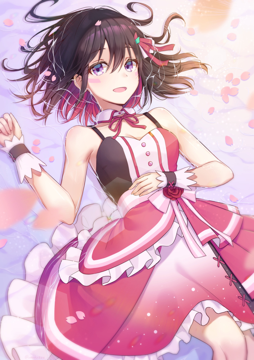 1girl azki_(hololive) bangs black_hair breasts clenched_hand colored_inner_hair dress eyebrows_visible_through_hair hand_on_own_stomach highres hololive idol idol_clothes looking_at_viewer lying medium_breasts multicolored_hair petals pink_dress pink_hair short_hair smile solo uruha_(yw1109) virtual_youtuber wrist_cuffs