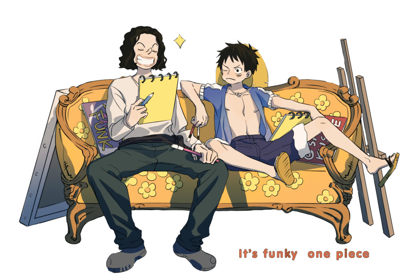 2boys afro black_hair closed_eyes couch grin highres holding holding_sketchbook long_nose monkey_d._luffy multiple_boys notebook one_piece open_clothes open_shirt paintbrush pout quana short_hair shorts sitting sketchbook smile usopp white_background