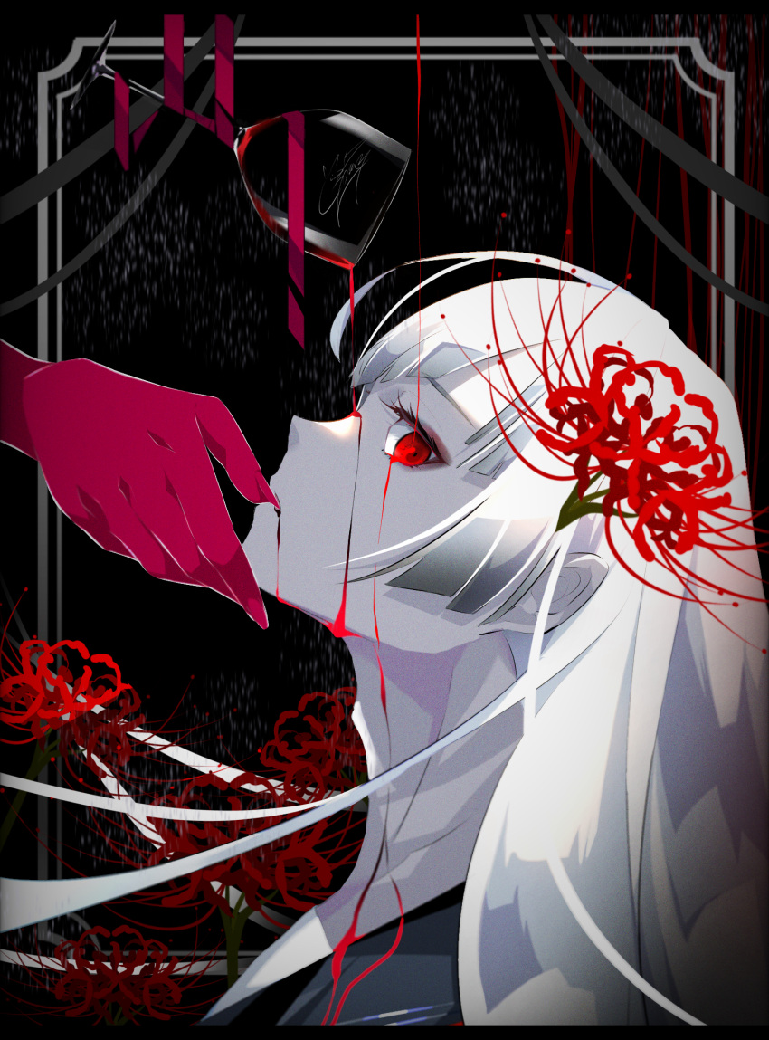 1girl alcohol bangs black_background colored_skin cup drinking_glass flower from_side goma_irasuto hair_behind_ear hair_flower hair_ornament hand_on_another's_chin highres long_hair looking_at_viewer original pale_skin red_eyes red_flower red_skin solo_focus upper_body white_hair wine wine_glass