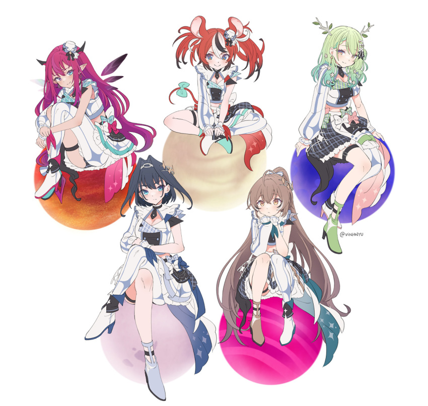 5girls animal_ears black_hair blue_eyes bow brown_eyes brown_hair ceres_fauna crossed_legs crystal_wings flower green_hair hair_flower hair_ornament hakos_baelz highres hololive hololive_english hololive_idol_uniform_(bright) horns indian_style irys_(hololive) long_hair midriff mouse_ears mouse_tail multiple_girls nanashi_mumei ouro_kronii planet purple_hair redhead single_thighhigh sitting tail tail_bow tail_ornament thigh-highs thigh_strap twintails vinhnyu violet_eyes virtual_youtuber white_background yellow_eyes