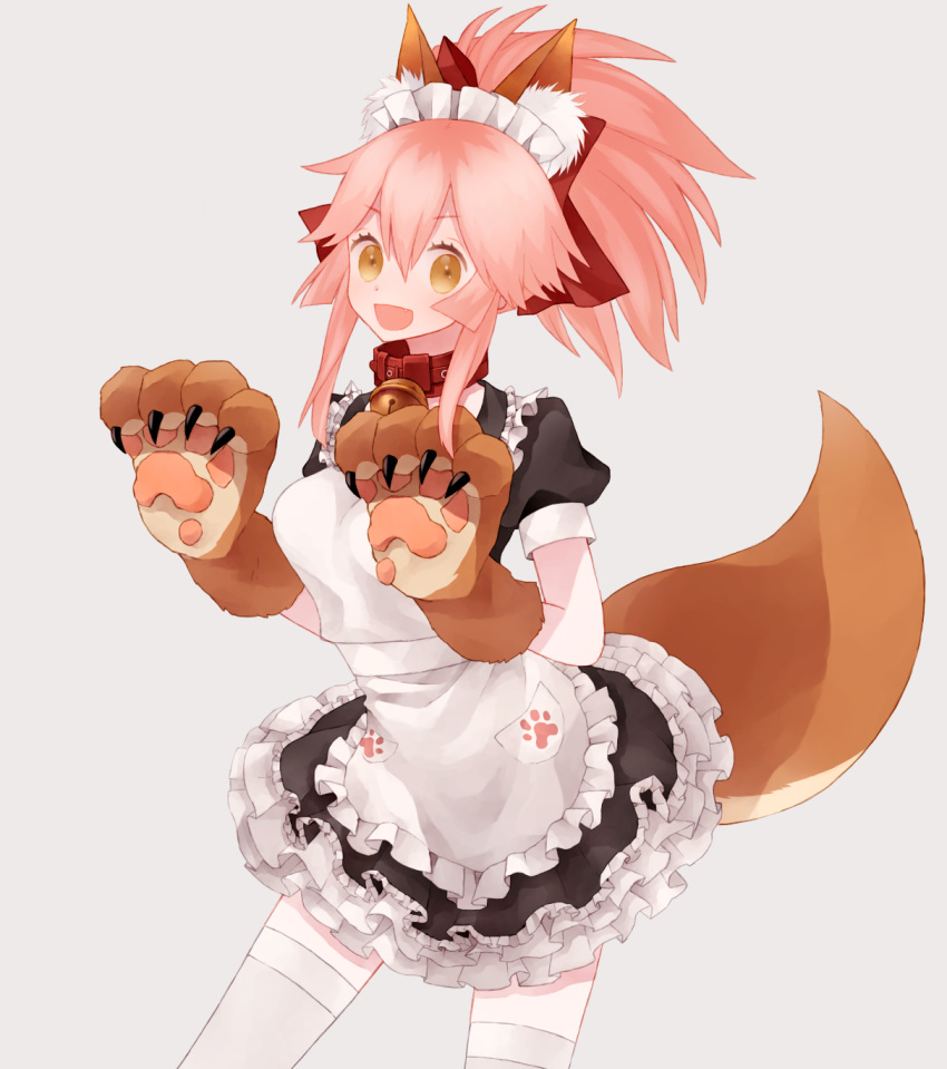 1girl alternate_costume animal_ear_fluff animal_ears apron bell breasts cat_paws collar enmaided eyebrows_visible_through_hair fang fate/grand_order fate_(series) fox_ears fox_girl fox_tail frills gloves hair_ribbon highres jingle_bell large_breasts long_hair looking_at_viewer maid maid_apron maid_headdress miu12mi neck_bell open_mouth paw_gloves paws pink_hair ponytail red_ribbon ribbon simple_background skirt solo tail tamamo_(fate)_(all) tamamo_cat_(fate) waist_apron white_apron white_background white_legwear yellow_eyes