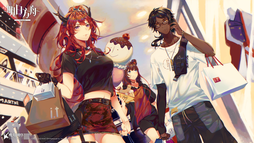 1boy 2girls absurdres arknights bag bangs belt bespectacled black-framed_eyewear black_belt black_gloves black_hair black_shirt blue_eyes breasts commentary_request copyright_name cowboy_shot crop_top dark_skin glasses gloves highres holding holding_bag horns huge_filesize indoors kikan_(kikanoe) long_hair looking_at_viewer medium_breasts midriff multiple_girls navel pencil_skirt red_skirt redhead shirt shopping_bag short_sleeves single_glove skirt standing surtr_(arknights) surtr_(liberte_echec)_(arknights) thorns_(arknights) thorns_(comodo)_(arknights) violet_eyes white_shirt zima_(arknights) zima_(ursusio79)_(arknights)