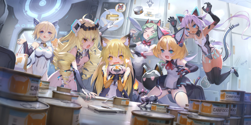 &gt;_&lt; 6+girls :o :q ahoge animal_ear_fluff animal_ears armor_girls bangs black_leotard blonde_hair blue_eyes breasts cat_food cat_tail character_request chinese_commentary commentary_request earrings eyebrows_visible_through_hair fake_animal_ears fangs green_eyes highres indoors jewelry jumping leotard long_hair looking_at_another mechanical_ears mechanical_tail medium_breasts multiple_girls observerz official_art orange_eyes pink_hair plate skin_fangs small_breasts standing tail tongue tongue_out