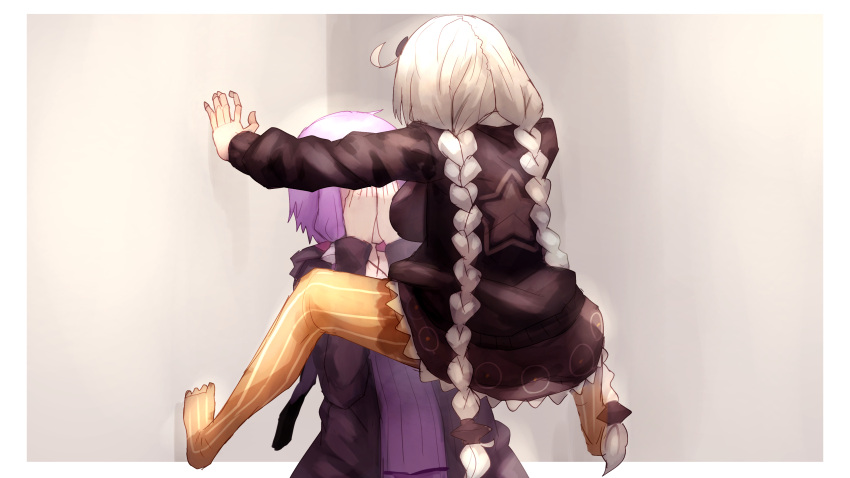 2girls absurdres black_coat black_jacket braid cicada_block coat commentary covering_face criss-cross_halter dress grey_hair hair_tubes halterneck highres jacket kizuna_akari long_hair multiple_girls orange_legwear purple_dress purple_hair shiburingaru sidelocks star_(symbol) star_print striped striped_legwear twin_braids very_long_hair voiceroid yuzuki_yukari