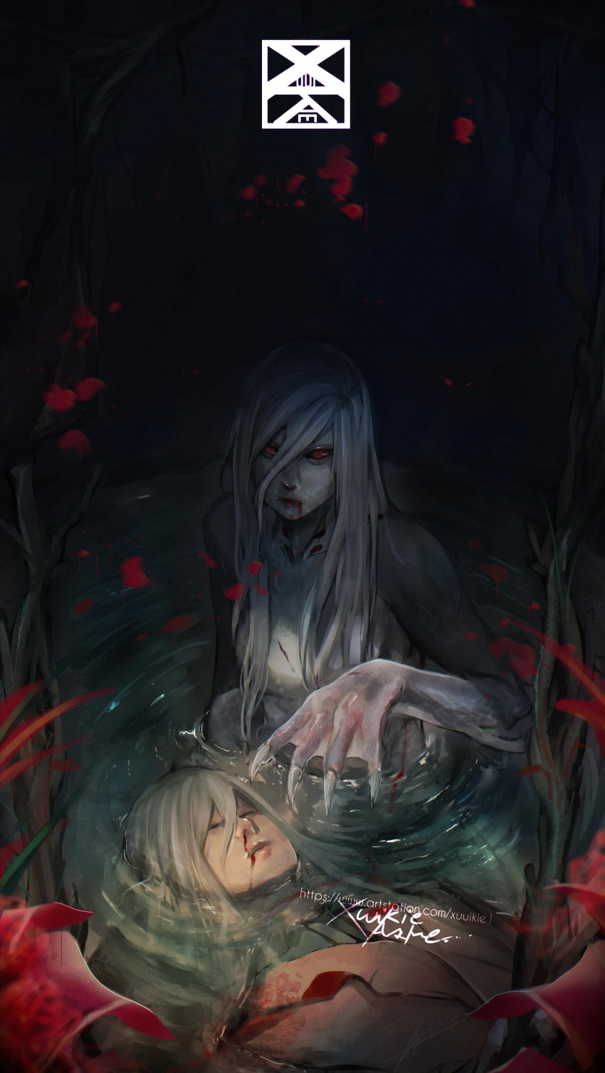 1boy 1girl absurdres black_sclera blood blood_from_mouth claws colored_sclera colored_skin commentary_request fingernails floating grey_hair grey_skin highres horror_(theme) long_hair mermaid monster_girl night nosebleed original petals red_eyes sharp_fingernails unconscious water webbed_hands white_hair xuuikie_ashe