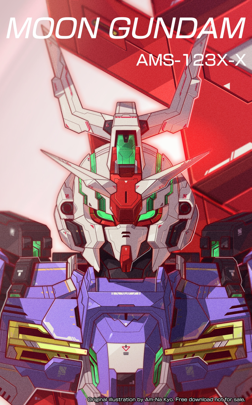 absurdres artist_name azzalea character_name english_commentary green_eyes gundam highres looking_at_viewer mecha mobile_suit moon_gundam moon_gundam_(mobile_suit) no_humans portrait psycho_plates science_fiction solo upper_body v-fin watermark white_background