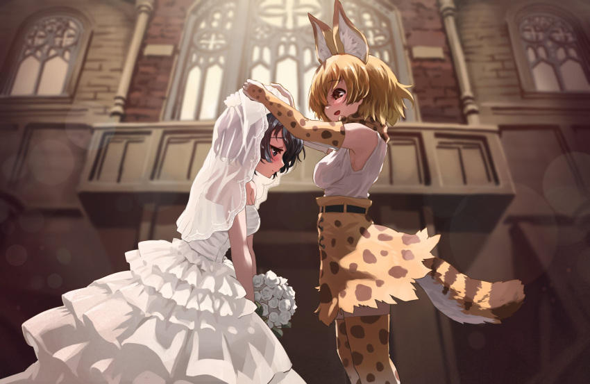 2girls animal_ears bangs black_hair blonde_hair blue_eyes blush bouquet brown_eyes dress eyebrows_visible_through_hair flower highres holding holding_bouquet kaban_(kemono_friends) kemono_friends melaton multiple_girls serval_(kemono_friends) serval_ears serval_print serval_tail shirt shirt_tucked_in short_hair skirt tail thigh-highs wedding wedding_dress white_dress white_flower white_shirt yuri