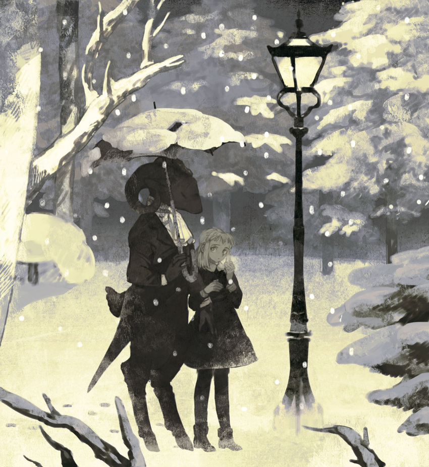 1girl animal bangs bare_tree black_dress black_footwear black_legwear boots child closed_eyes dress goat greyscale highres holding holding_another's_arm holding_umbrella hooves horns lamppost long_sleeves looking_at_another monochrome original peter_pan_collar short_hair snow snowing tono_(rt0no) tree umbrella winter
