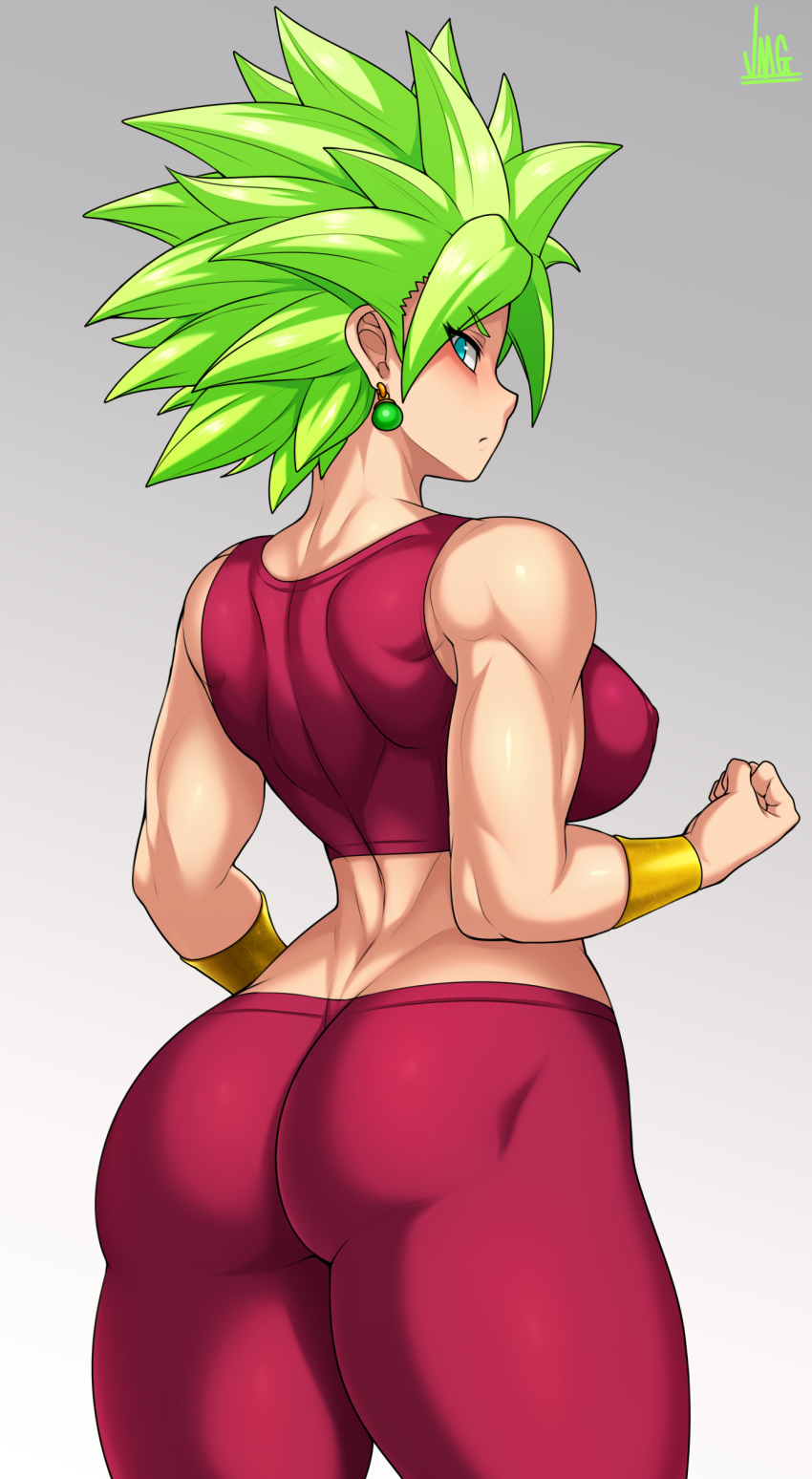 1girl absurdres aqua_eyes artist_name ass back breasts clenched_hand closed_mouth dragon_ball dragon_ball_super earrings from_behind green_hair grey_background highres jewelry jmg kefla_(dragon_ball) large_breasts looking_back midriff muscular muscular_female pants potara_earrings red_pants simple_background skin_tight solo spiky_hair super_saiyan tank_top