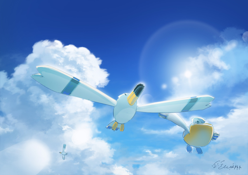 absurdres bird closed_mouth clouds commentary_request day flying from_below gen_3_pokemon hachiya_shohei highres no_humans outdoors pelipper pokemon pokemon_(creature) signature sky wingull