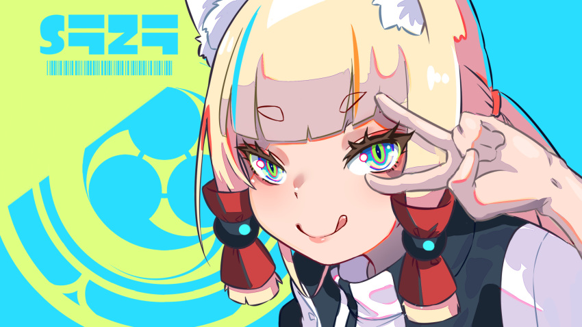 1girl :q animal_ear_fluff animal_ears bangs black_jacket blue_background blue_eyes closed_mouth commentary_request eyebrows_visible_through_hair fox_ears green_background hand_up highres jacket kuro_kosyou looking_at_viewer mitsudomoe_(shape) original short_eyebrows smile solo thick_eyebrows tomoe_(symbol) tongue tongue_out two-tone_background upper_body v_over_eye