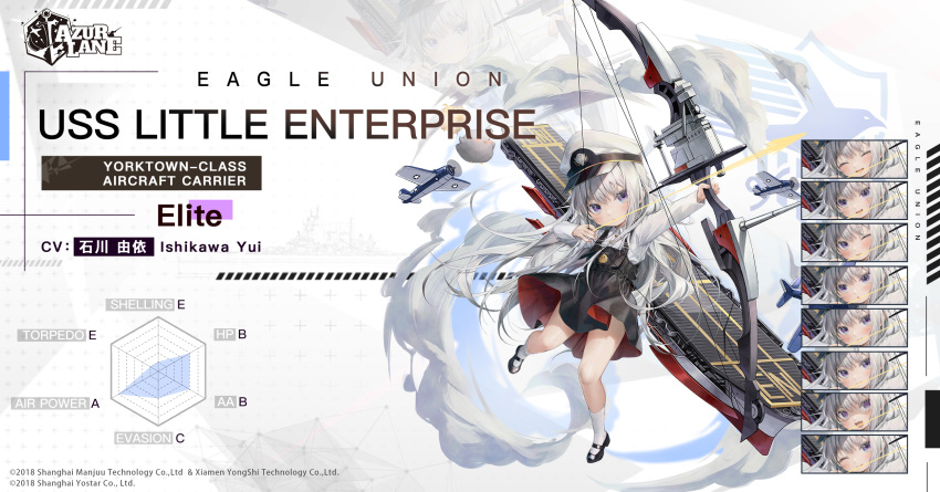 1girl aircraft airplane azur_lane bangs bird black_footwear bow_(weapon) character_name chick child collared_shirt compound_bow copyright_name douya_(233) eagle_union_(emblem) expressions f4f_wildcat flight_deck full_body grey_eyes hat highres kneehighs little_enterprise_(azur_lane) long_hair long_sleeves manjuu_(azur_lane) mary_janes official_art overall_skirt peaked_cap promotional_art rigging sbd_dauntless shirt shoes silver_hair solo very_long_hair weapon white_headwear white_legwear white_shirt younger