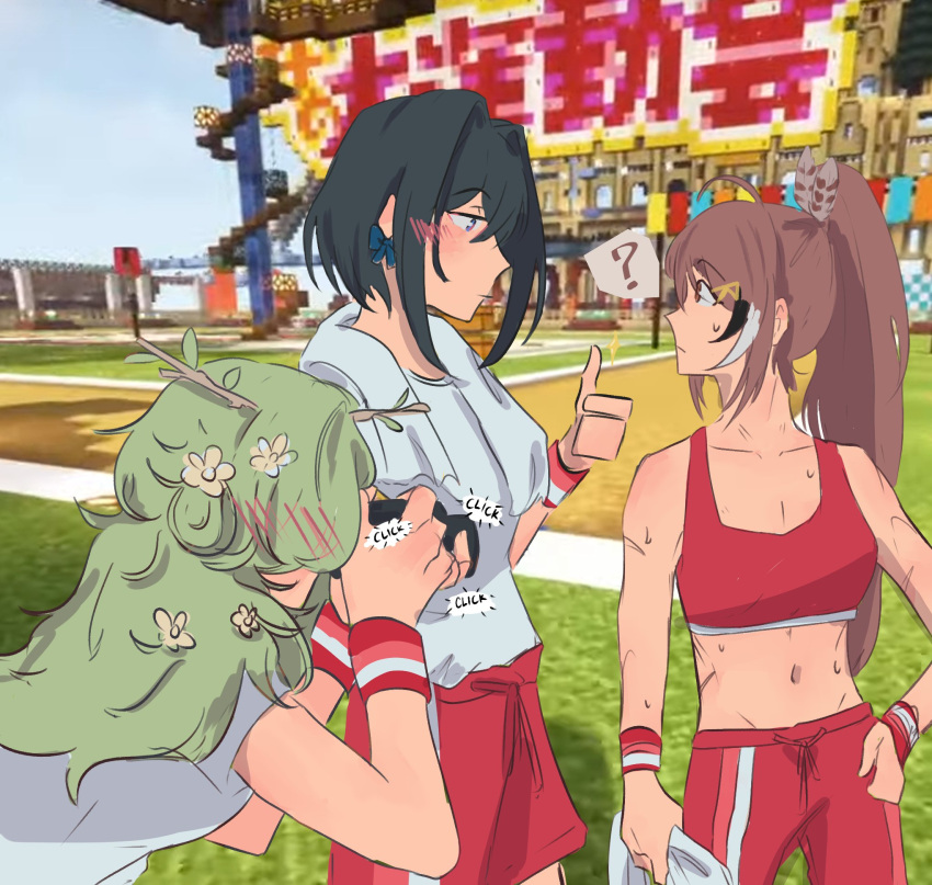 antlers bangs blush branch brown_eyes brown_hair camera ceres_fauna collarbone feather_hair_ornament feathers flower green_hair gym_shirt gym_shorts hair_flower hair_ornament highres hololive hololive_english kafamosh long_hair midriff minecraft multicolored_hair multiple_girls nanashi_mumei ouro_kronii ponytail shirt shorts sweat thumbs_up virtual_youtuber