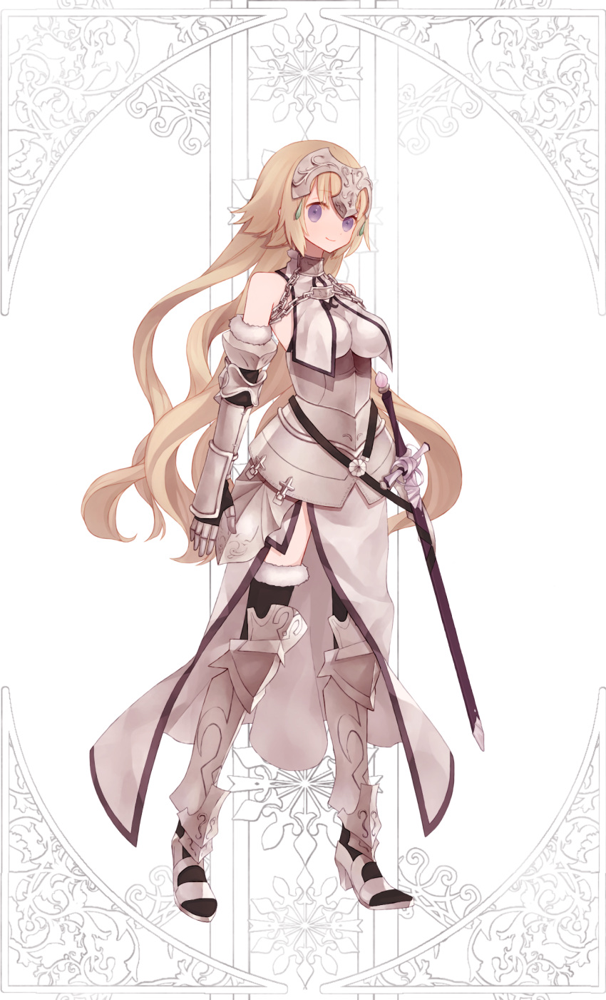 1girl armor armored_dress blonde_hair blue_eyes breasts chain eyebrows_visible_through_hair fate/apocrypha fate/grand_order fate_(series) faulds full_body fur_trim gauntlets headpiece highres jeanne_d'arc_(fate) jeanne_d'arc_(fate)_(all) large_breasts long_hair looking_at_viewer miu12mi plackart simple_background solo sword thigh-highs very_long_hair weapon white_background yellow_eyes