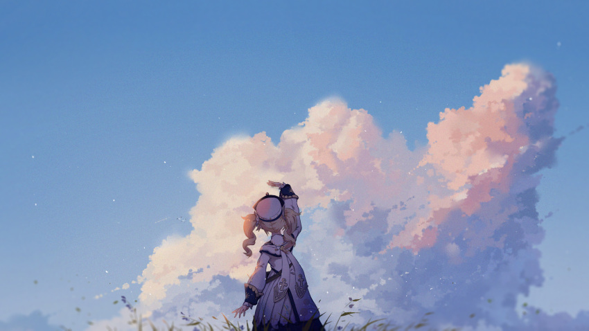 1girl barbara_pegg blonde_hair clouds cloudy_sky dress drill_hair evening genshin_impact hat highres jin_yun looking_up scenery short_twintails sky solo twintails white_dress