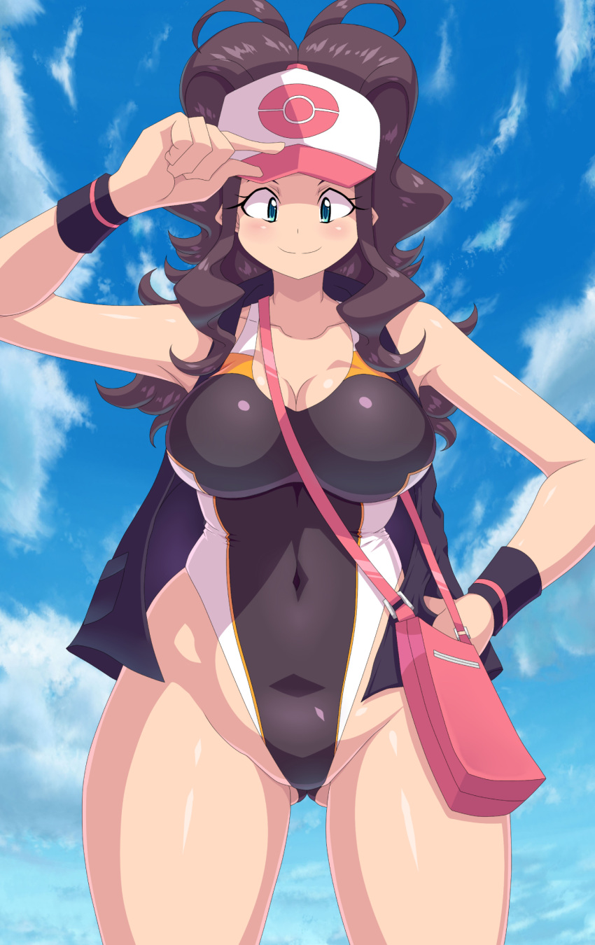 1girl ass_visible_through_thighs bag baseball_cap black_swimsuit black_vest black_wristband blue_eyes blue_sky breasts brown_hair clouds commentary_request competition_swimsuit covered_navel cowboy_shot curvy hat high_ponytail highleg highleg_swimsuit highres hilda_(pokemon) kihaiu large_breasts long_hair multicolored multicolored_clothes multicolored_swimsuit one-piece_swimsuit pokemon pokemon_(game) pokemon_bw sidelocks sky solo swimsuit vest wristband