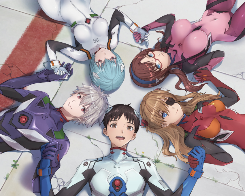 2boys 3girls ayanami_rei blue_eyes blue_hair bodysuit breasts breasts_apart brown_eyes brown_hair circle_formation closed_mouth concrete covered_navel cracked_floor eyebrows_visible_through_hair eyepatch glasses hair_between_eyes highres holding_hands ikari_shinji impossible_bodysuit impossible_clothes large_breasts long_hair looking_at_viewer lying makinami_mari_illustrious medium_breasts moshoko_(mizuneroku) multicolored multicolored_bodysuit multicolored_clothes multiple_boys multiple_girls nagisa_kaworu neon_genesis_evangelion on_back open_mouth pilot_suit plugsuit rebuild_of_evangelion red-framed_eyewear red_bodysuit red_eyes redhead short_hair silver_hair smile souryuu_asuka_langley twintails upturned_eyes white_bodysuit