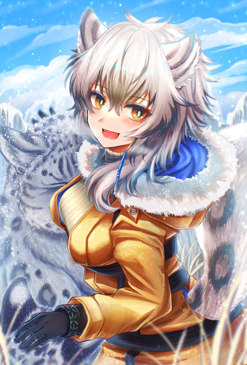 1girl 3_(sanyako1) :d absurdres animal_ear_fluff animal_ears arknights bangs black_gloves blue_sky blush breasts cliffheart_(arknights) cliffheart_(highlands_visitor)_(arknights) clouds coat commentary cowboy_shot day eyebrows_visible_through_hair fang fur_trim gloves grey_eyes hair_between_eyes highres huge_filesize infection_monitor_(arknights) leopard leopard_ears leopard_girl leopard_tail looking_at_viewer medium_breasts official_alternate_costume open_mouth orange_coat outdoors ribbed_sweater short_hair sidelocks silver_hair sky smile snow_leopard snowing solo_focus standing sweater tail turtleneck turtleneck_sweater