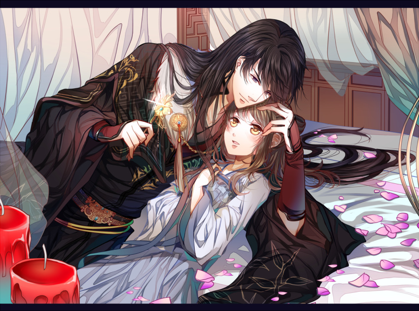 1boy 1girl black_hair brown_eyes candle chinese_clothes curtains hand_on_another's_head hand_up hetero indoors li_zeyan long_hair love_and_producer petals protagonist_(love_and_producer) reku_(pixiv3677982) under_covers