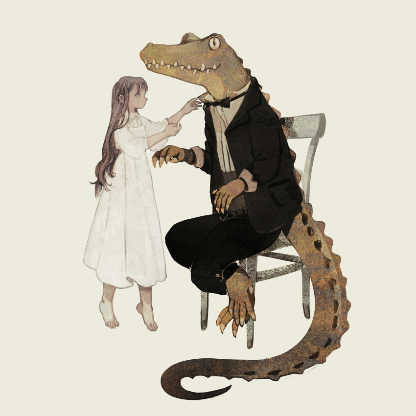 1girl adjusting_another's_clothes animal bangs barefoot black_jacket black_neckwear black_pants blazer bow bowtie brown_eyes brown_hair chair child claws clothed_animal collared_dress collared_shirt crocodile crocodilian dress formal highres jacket long_dress long_hair looking_at_another original pants sharp_teeth shirt sitting slit_pupils suit tail teeth tiptoes tono_(rt0no) tuxedo white_dress white_shirt