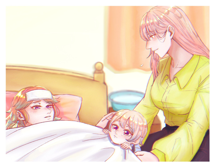 alternate_costume bed blanket child couple earrings family feather_earrings feathers gradient_hair highres hololive hololive_english if_they_mated ips_cells jewelry long_hair mori_calliope mother_and_daughter multicolored_hair multiple_girls pink_hair shirt sick siki_222 symbol_commentary takanashi_kiara towel towel_on_head under_covers wife_and_wife yellow_shirt