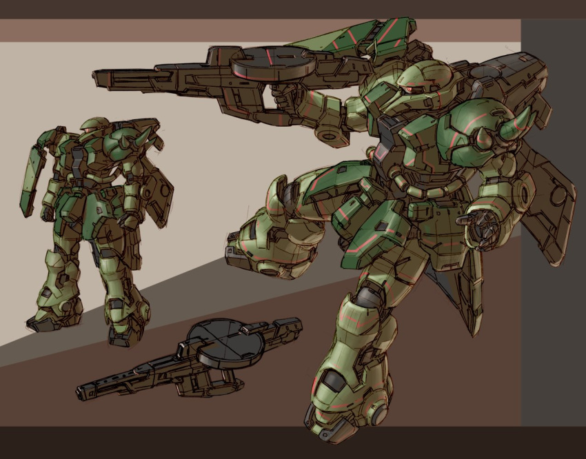 clenched_hands glowing glowing_eye gun gundam holding holding_gun holding_weapon kyouno_oyatuwa_udon mecha mobile_suit mobile_suit_gundam multiple_views no_humans one-eyed open_hand red_eyes redesign science_fiction weapon zaku zeon