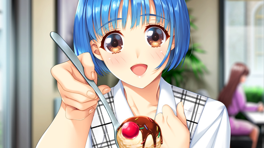 1girl :d blue_hair blurry blurry_background blush brown_eyes collarbone doukyuusei food game_cg highres holding holding_spoon ice_cream indoors looking_at_viewer official_art open_mouth shiny shiny_hair shirt short_hair smile solo_focus spoon sumeragi_kohaku tamachi_hiromi upper_body white_shirt