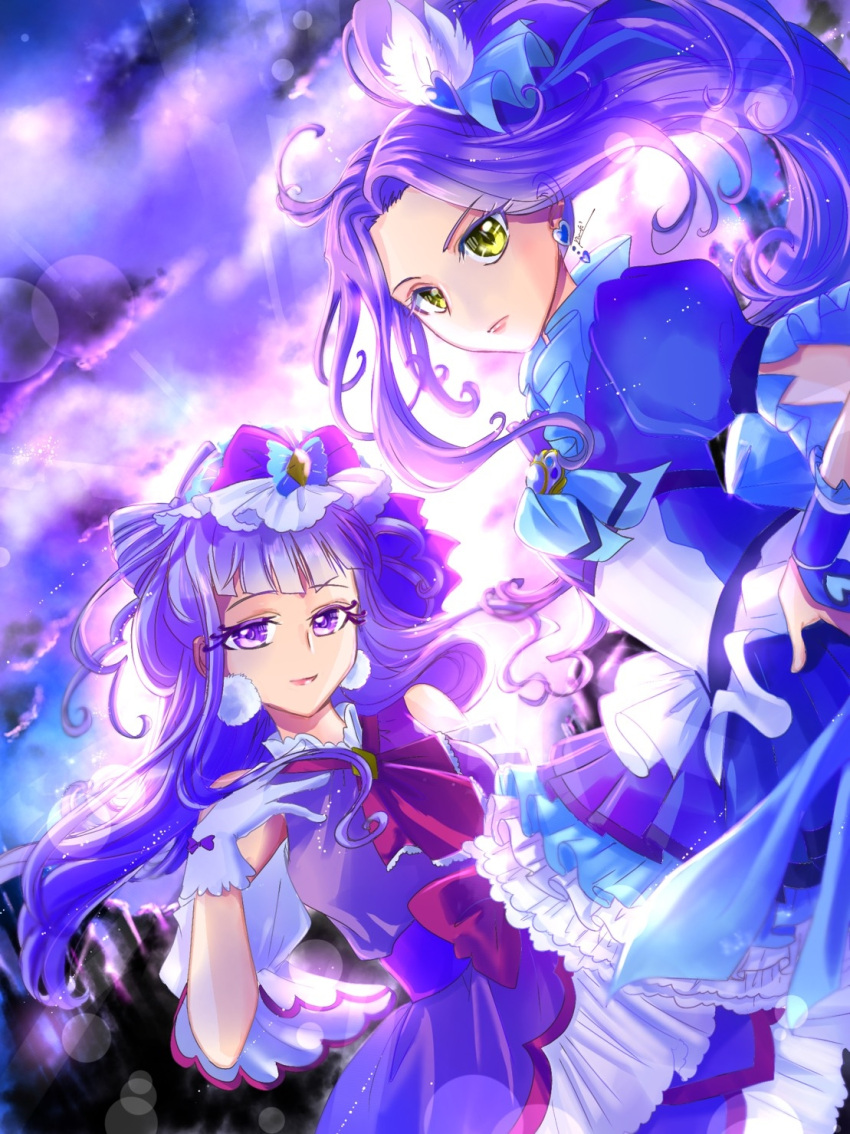 2girls blue_choker blue_neckwear blue_ribbon bow brooch choker closed_mouth clothing_cutout cowboy_shot cure_amour cure_beat dress earrings frilled_skirt frills gloves hair_bow hair_ornament hair_ribbon heart heart_earrings heart_hair_ornament highres hugtto!_precure jewelry kurokawa_eren layered_dress layered_skirt lightning lips long_hair looking_at_viewer magical_girl manekineko5319 multiple_girls pink_neckwear precure purple_background purple_bow purple_dress purple_hair ribbon ruru_amour shiny shiny_hair shoulder_cutout side_ponytail skirt smile suite_precure violet_eyes white_gloves yellow_eyes